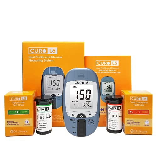 CUROfit Home Blood Cholesterol Test Kit – CURO L5 Digital Meter – (10 Total Cholesterol Strips & 10 Triglycerides Test Strips Included)