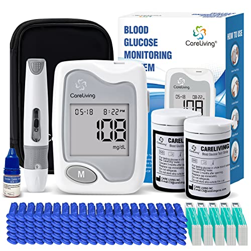 CareLiving Blood Glucose Monitor Kit, 100 Test Strips, 100 Lancets, 1 Blood Glucose Meter, 1 Lancing Device, Diabetes Testing Kit, Portable Blood Sugar Test Kit, Glucometer Kit for Home Use