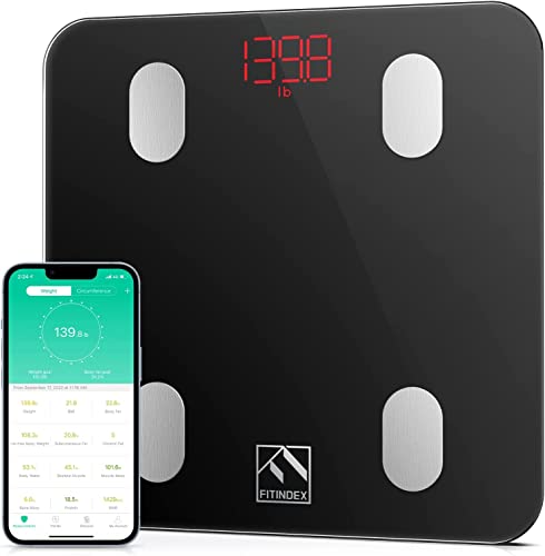 FITINDEX Smart Scale for Body Weight, Digital Bathroom Scale for Body Fat BMI Muscle, Weighting Machine with Bluetooth Body Composition Health Monitor Analyzer Sync Apps for People – Black