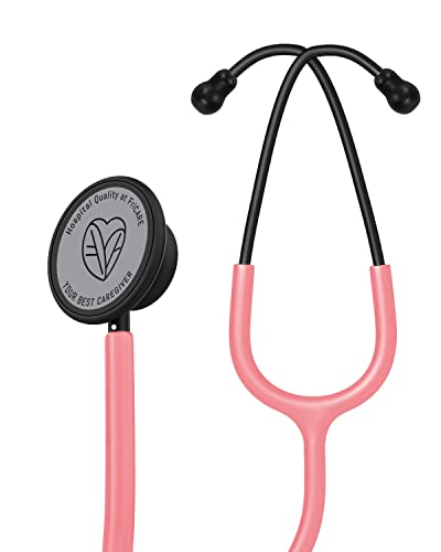 FriCARE Lightweight Stethoscope Dual Head, Doctor Stethoscopes for Medical Home Use, Name Tag Extra Diaphragm Eartips Accessories, Black Aluminum Chestpiece Pink Tubing