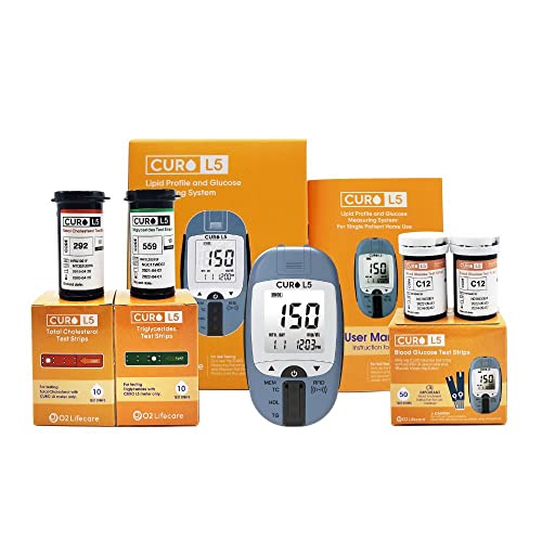 Home Blood Cholesterol Test Kit – CURO L5 Digital Meter – (10 Total Cholesterol Strips & 10 Triglycerides Test Strips and 50 Glucose Test Strips Included)