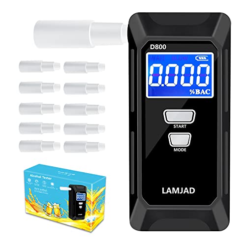 LAMJAD Breathalyzer, Professional Alcohol Tester with Digital LCD Screen, semiconductor sensors and 10 mouthpieces, Police-Specific Alcohol Meters for Personal and Professional use (D800)