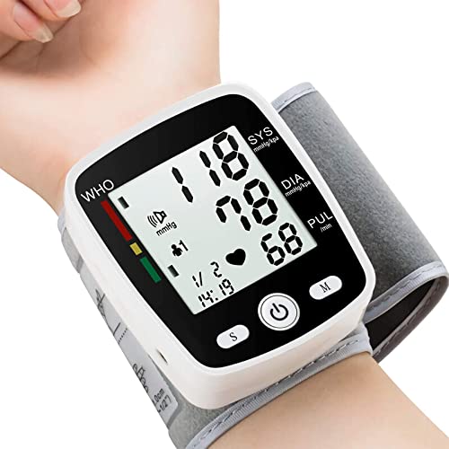 Wrist Blood Pressure Monitors for Home Use Digital Blood Pressure Machine with Voice Adjustable 5.3-7.7″ Cuff BP Machine Dual Users x99 Memory Large LCD Display BP Monitor with Carrying Case, Black